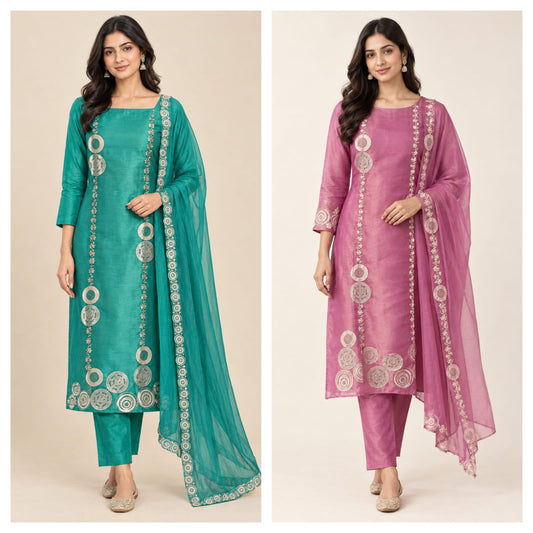Shimmer Organza Tuile Unstitched Suit Set with Zari Swarowski Embroidery