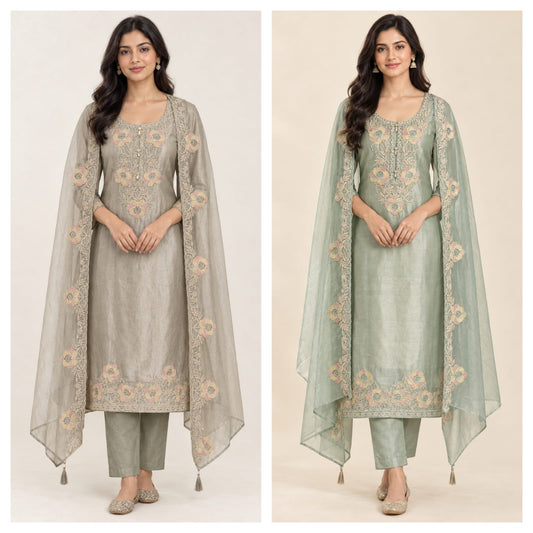 Shimmer Organza Tissue Unstitched Suit Set with Zari Sequence Resham Embroidery