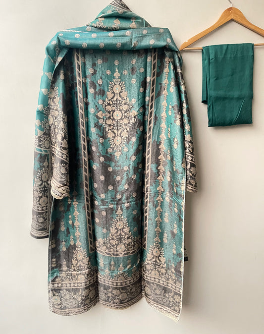 Shimmer Organza Silk Printed Unstitched Suit Set with Mirror Work & Swarowski Highlighting