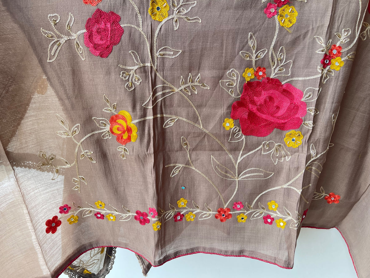 Mul Cotton Silk Unstitched Suit with Resham Mirror Kutdanna Work & Crotia Lace Dupatta