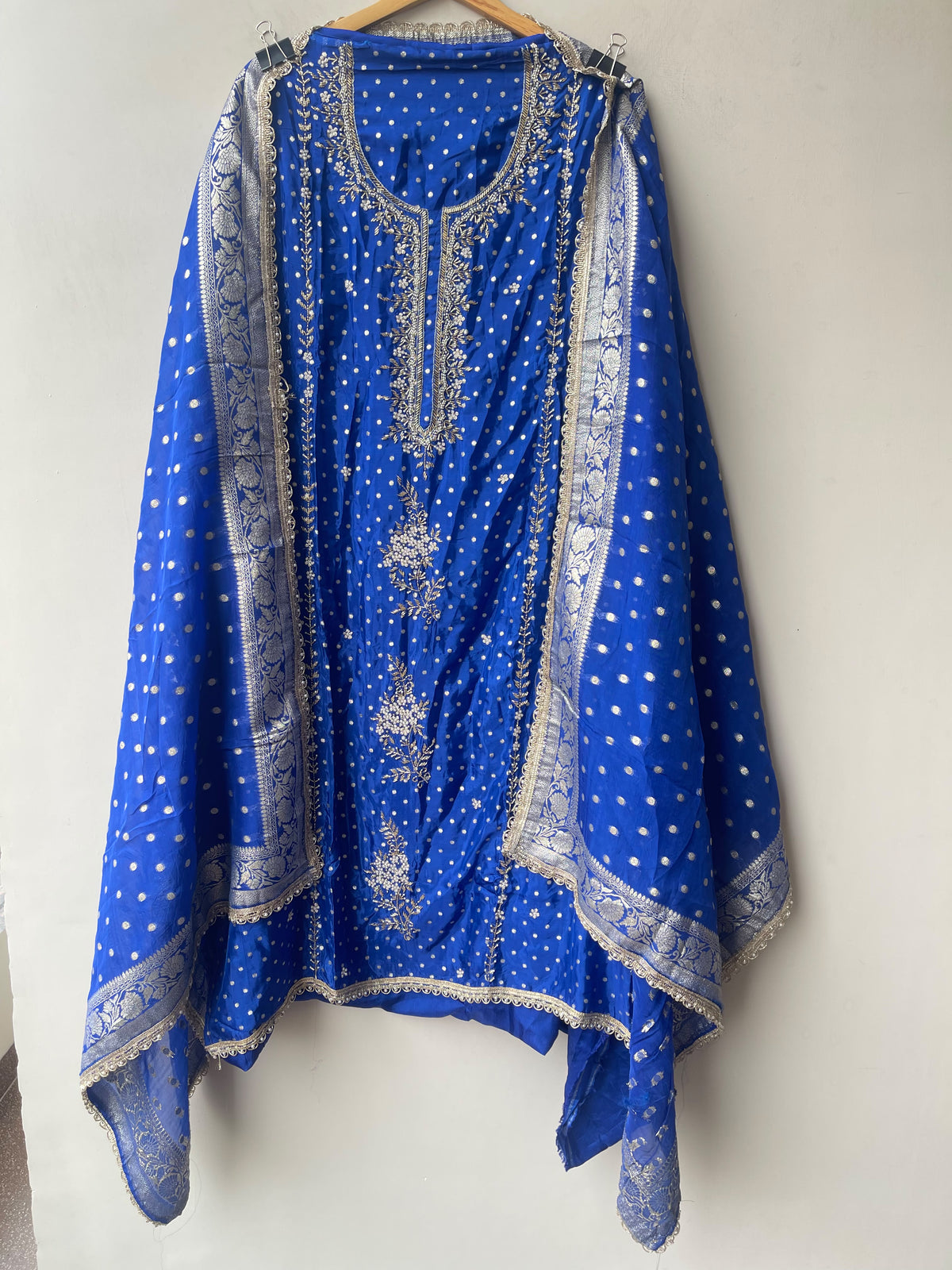 Pure Shimmer Banarasi Satin Crepe Unstitched Suit with Dabka Kutdanna Pearl Embroidery & Border Lace