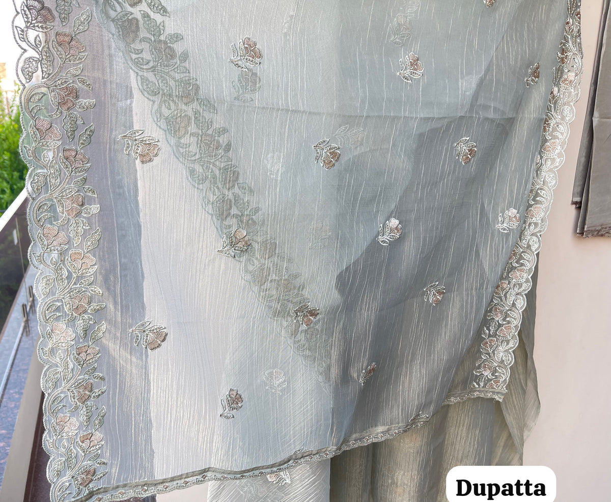 Pure Shimmer Crushed Tissue Unstitched Suit with Sequence Resham Zari Embroidery & Scalping Dupatta