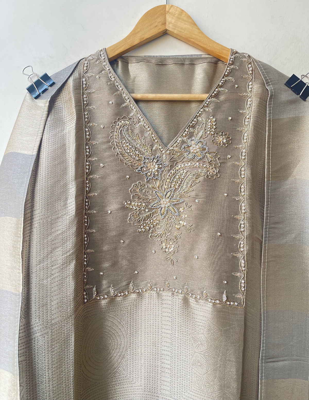 Pure Self Shimmer Giraffe Silk Unstitched Suit with Dabka Sequence Zari Pearl Kutdanna Embroidery
