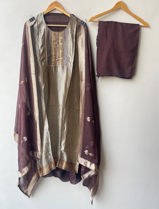 Pure Shimmer Self Giraffe Silk Unstitched Suit Set with Sequence Beads Dabka Zari Embroidery & Banarasi Organza Dupatta
