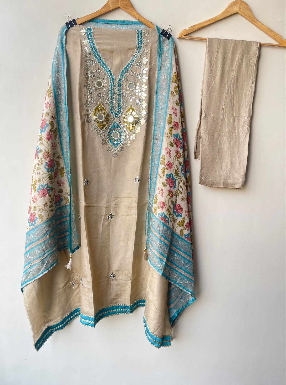 Festive Shimmer Silk Mirror Work & Zari Embroidered Unstitched Suit Set with Dupatta