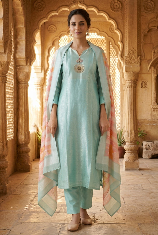 Pure Self Giraffe Shimmer Silk Emerald Medallion Embroidered Unstitched Suit Set with Dupatta