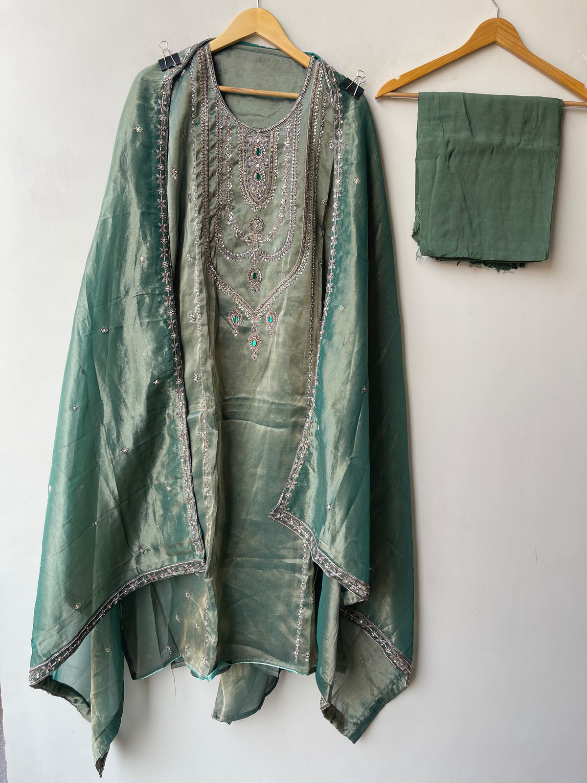 Royal Shimmer Silk Necklace Pattern Kutdanna Hand Embroidered Unstitched Suit Set