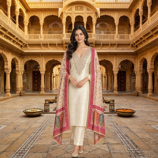 Pure Giraffe Silk Unstitched Suit with Dabka Zari Embroidery and Banarasi Dupatta