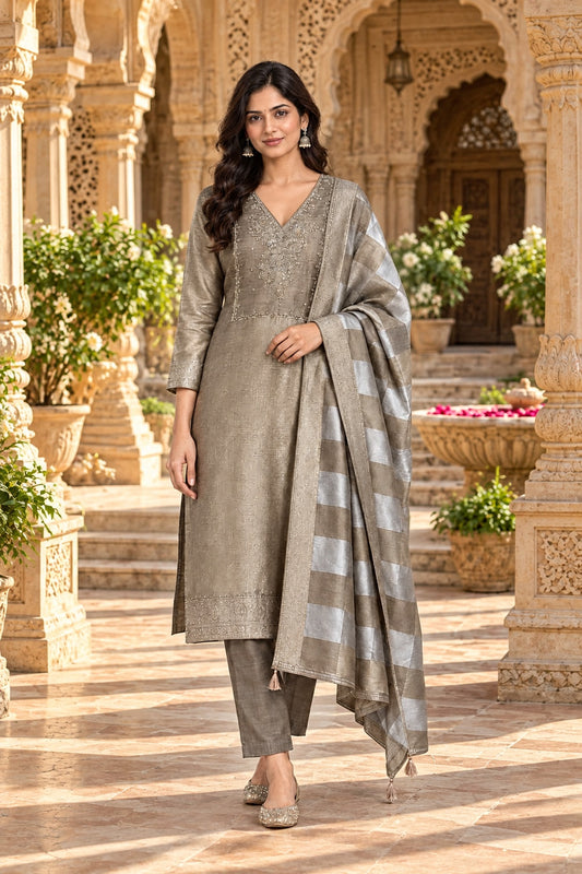 Pure Giraffe Silk Weaving Unstitched Suit with Hand Dabka Embroidery & Tassel Dupatta