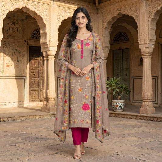 Mul Cotton Silk Unstitched Suit with Resham Mirror Kutdanna Work & Crotia Lace Dupatta
