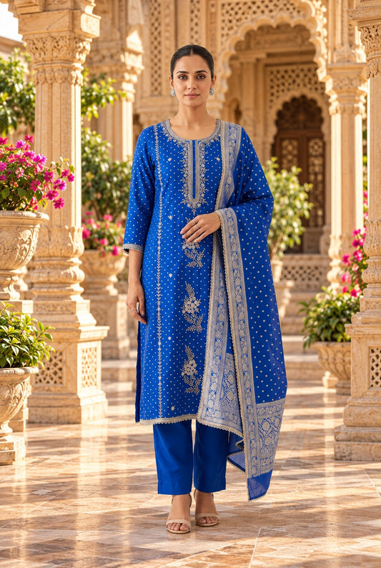 Pure Shimmer Banarasi Satin Crepe Unstitched Suit with Dabka Kutdanna Pearl Embroidery & Border Lace