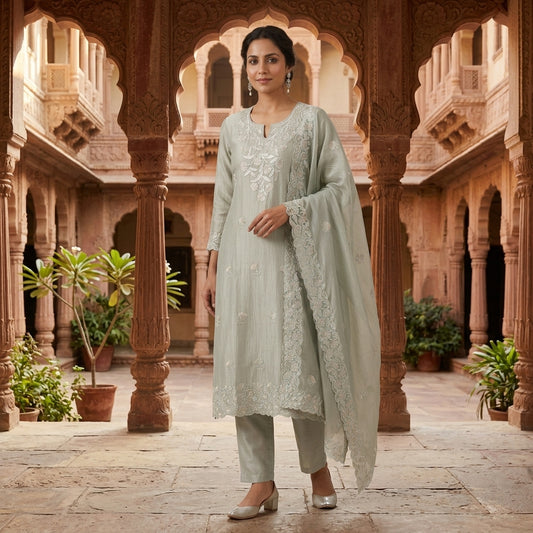 Pure Shimmer Crushed Tissue Unstitched Suit with Sequence Resham Zari Embroidery & Scalping Dupatta