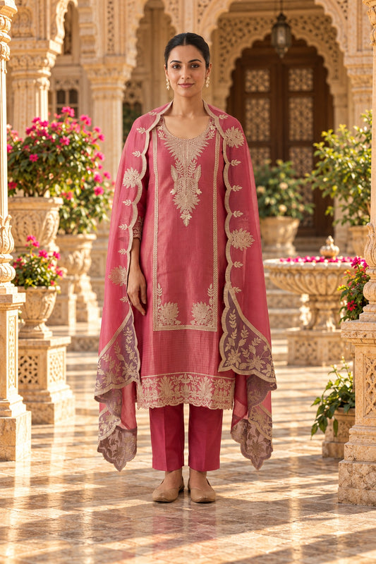 Pure Shimmer Self Silk Unstitched Suit with Zari Sequence Embroidery & Ghera Scalping