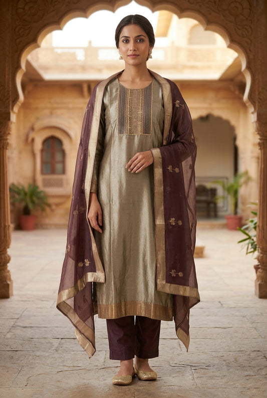 Pure Shimmer Self Giraffe Silk Unstitched Suit Set with Sequence Beads Dabka Zari Embroidery & Banarasi Organza Dupatta