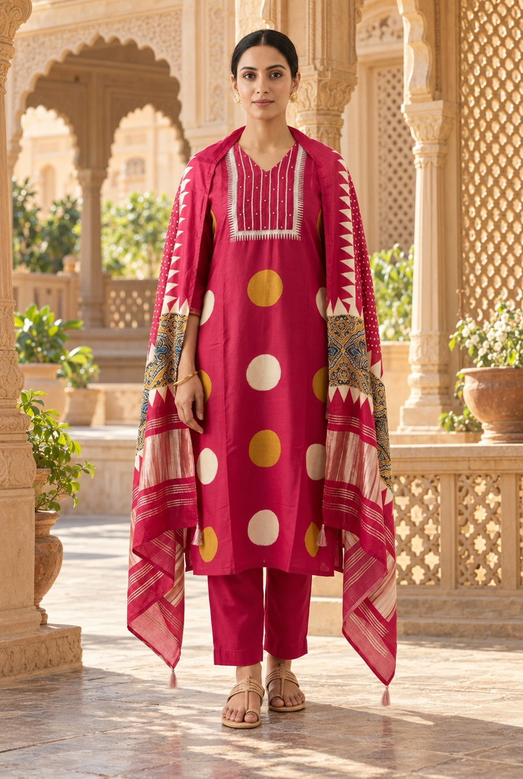 Pure Silk Polka Dots Printed Unstitched Suit Set with Pearl Dabka Hand Embroidery