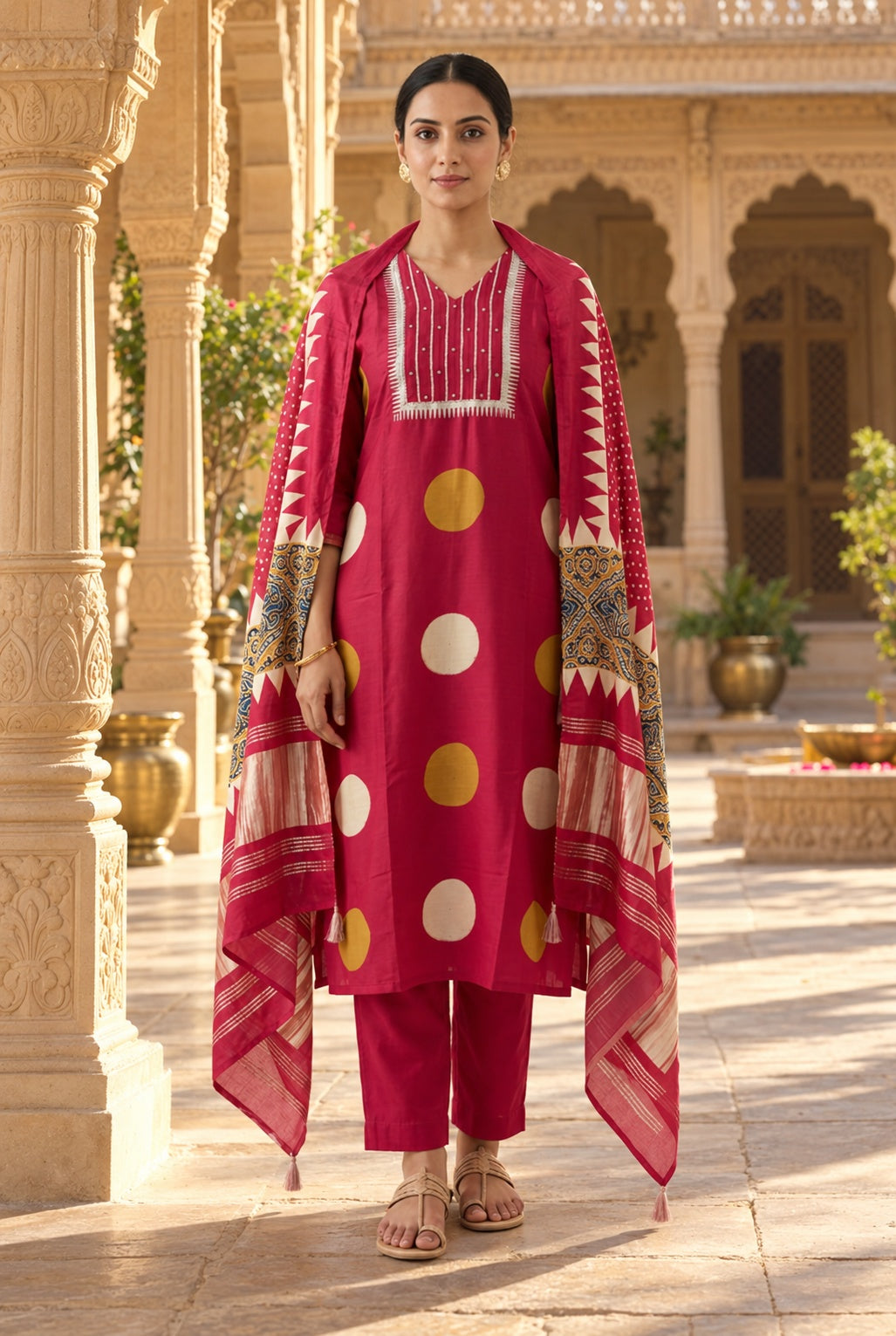 Pure Silk Polka Dots Printed Unstitched Suit Set with Pearl Dabka Hand Embroidery