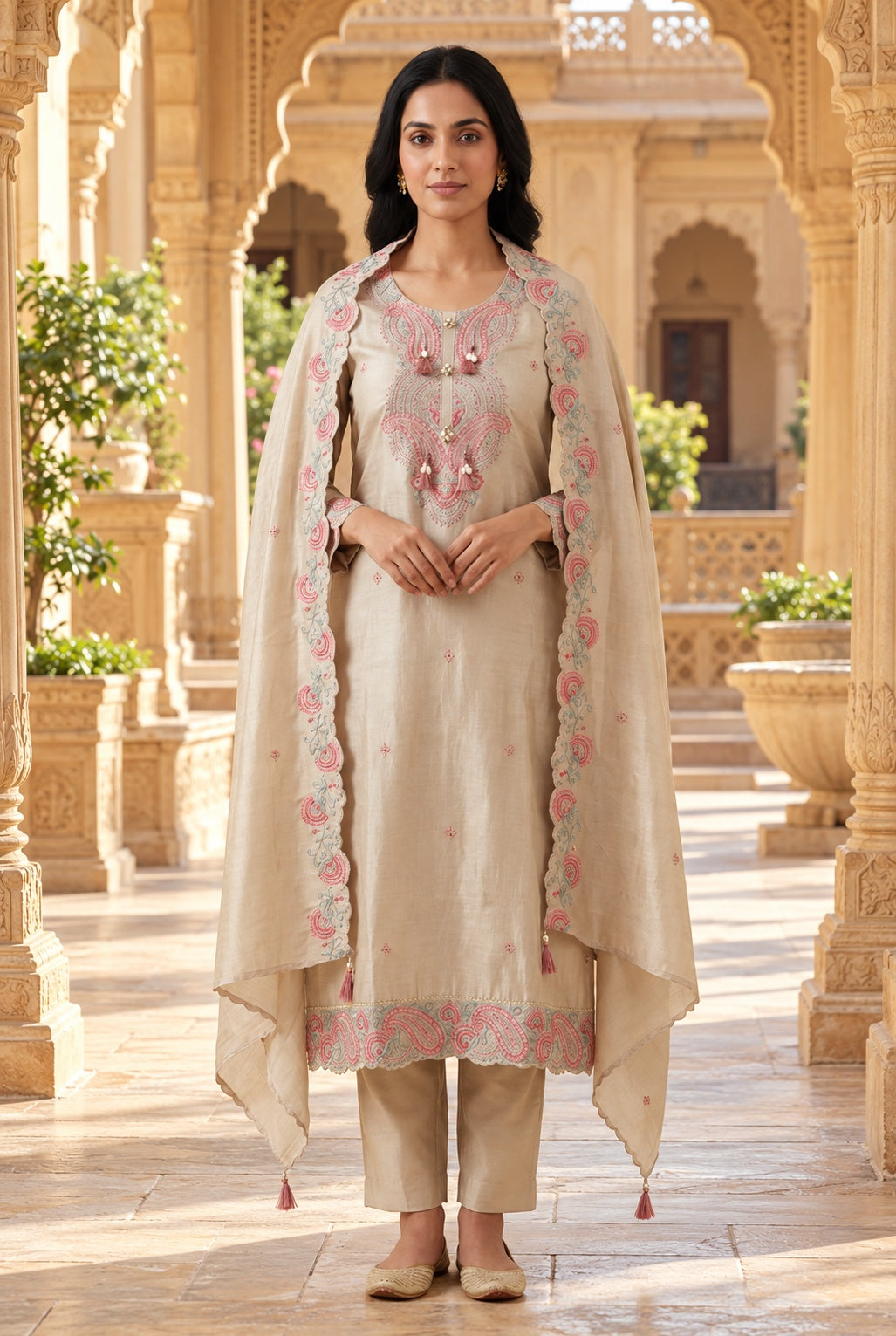 Pure Shimmer Silk Unstitched Suit Set with Resham Pearl Zari Embroidery & Swarowski Highlighting