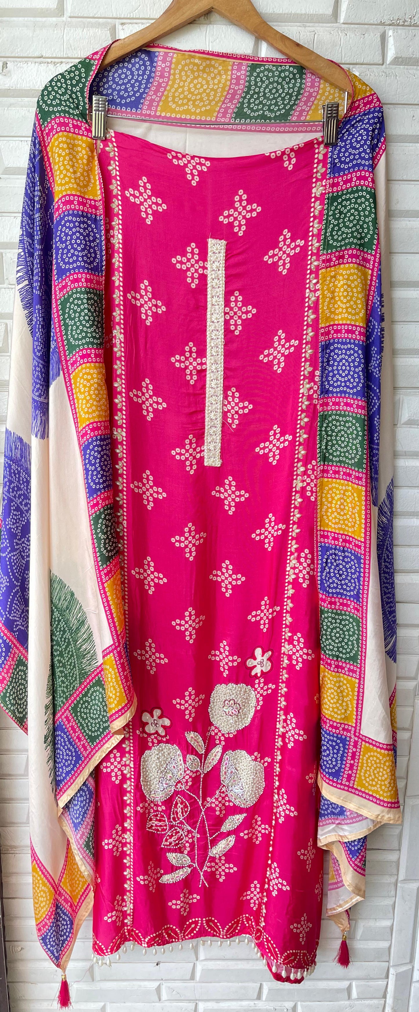 Crape satin unstitched ladies suit Rc17750