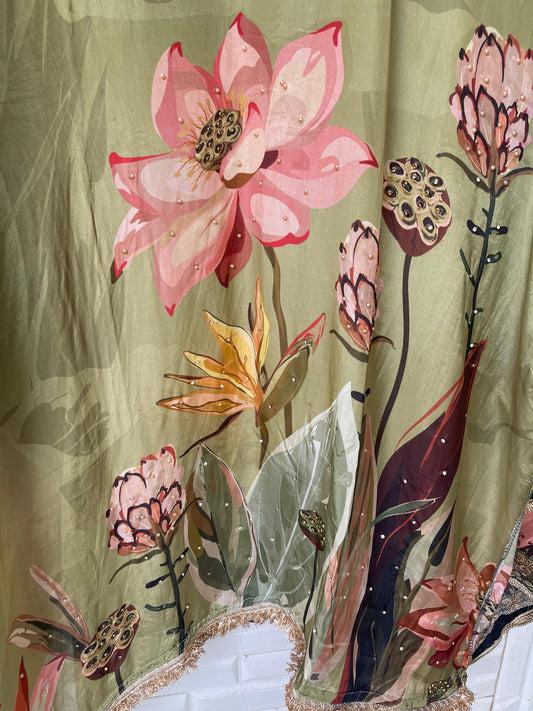 Crepe satin unstitched ladies suit Rc17647