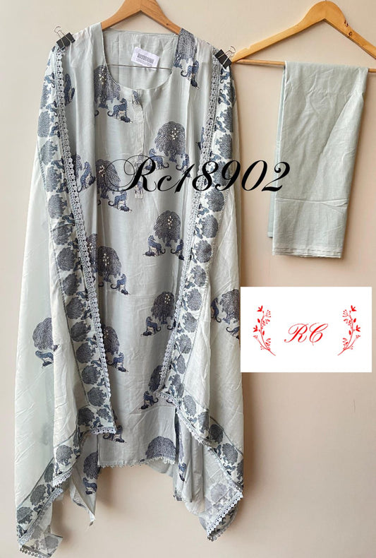 Muslin printed unstitched salwar suit with sequin resham work and crochet lace – RoyalChicByPriti