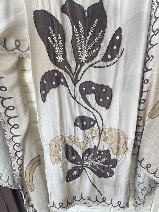 Satin crape unstitched ladies suit Rc17807