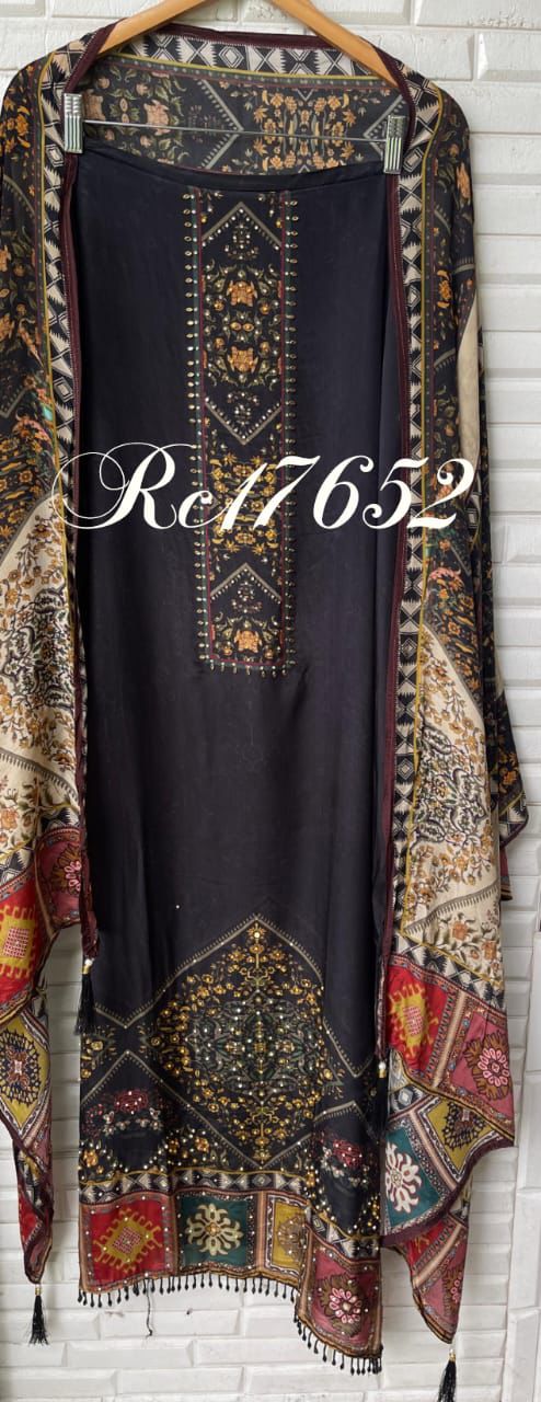 Crape satin unstitched ladies suit Rc17652