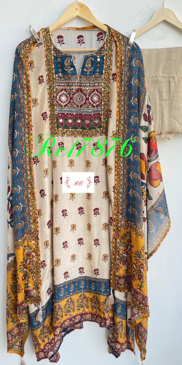 Crape satin unstitched ladies suit Rc17876