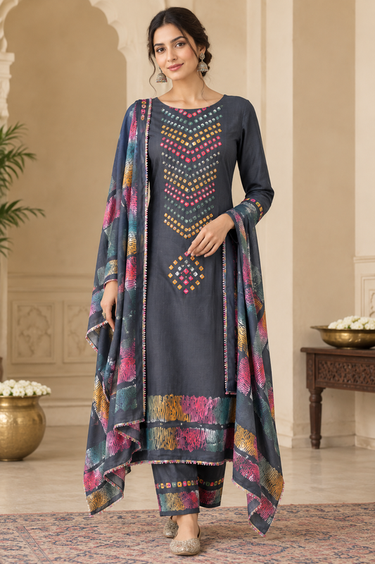 Premium Cotton Satin Hand Embroidered Unstitched Suit Set