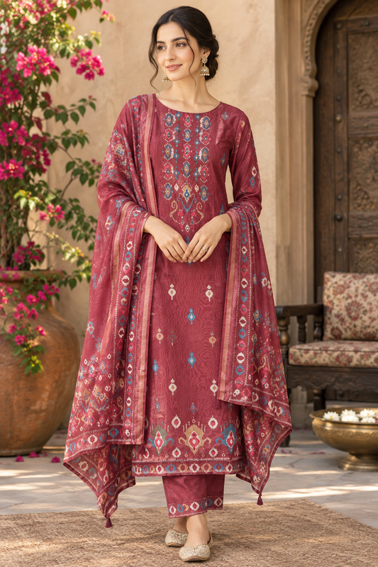 Ikkat Printed Mul Chanderi Unstitched Dress Material Set