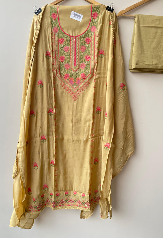 Mul chanderi unstitched salwar suit with resham embroidery and crochet lace – RoyalChicByPriti