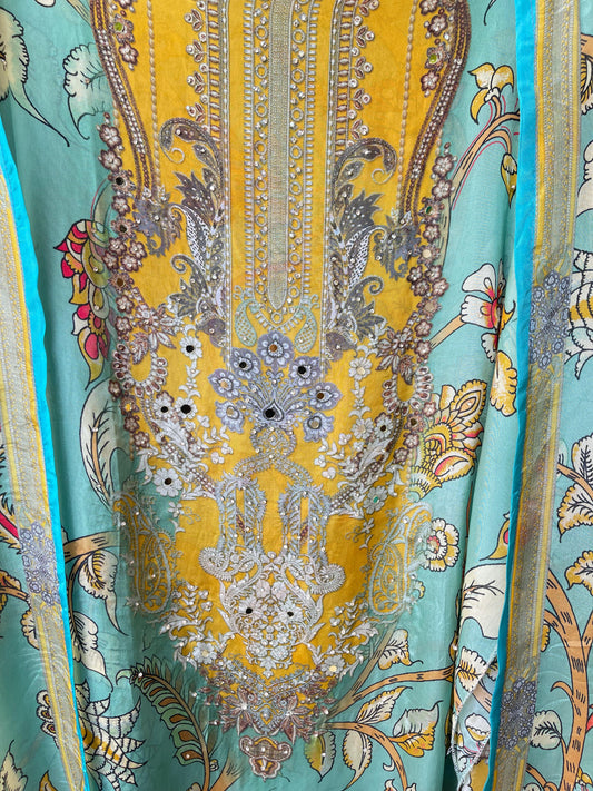 Crape satin unstitched ladies suit Rc17860