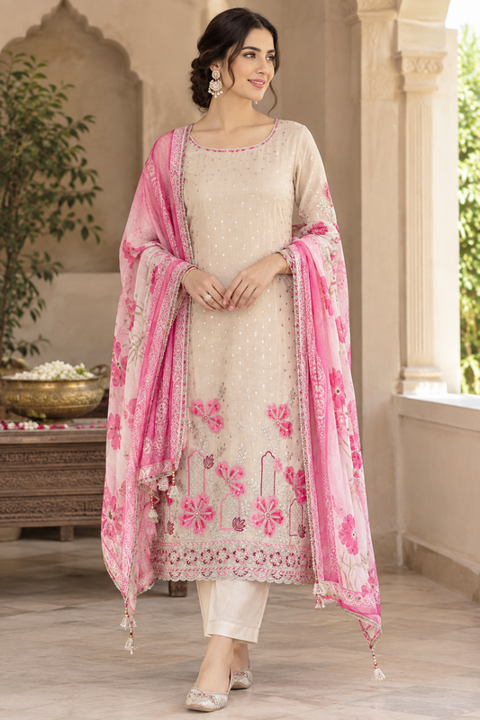 Banarasi Shimmer Organza Silk Embroidered Unstitched Suit Set