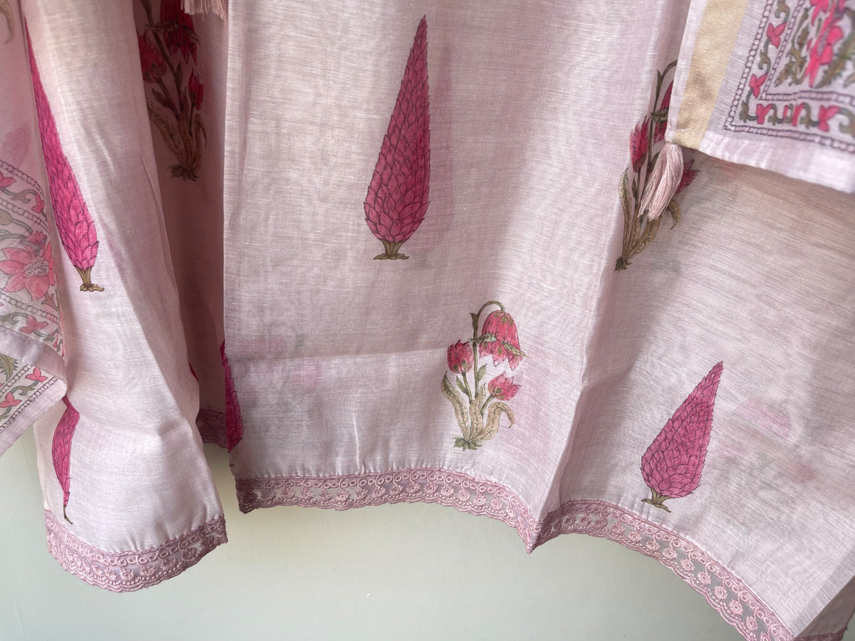 Premium Mul Chanderi Designer Unstitched 3Pcs Suit Set