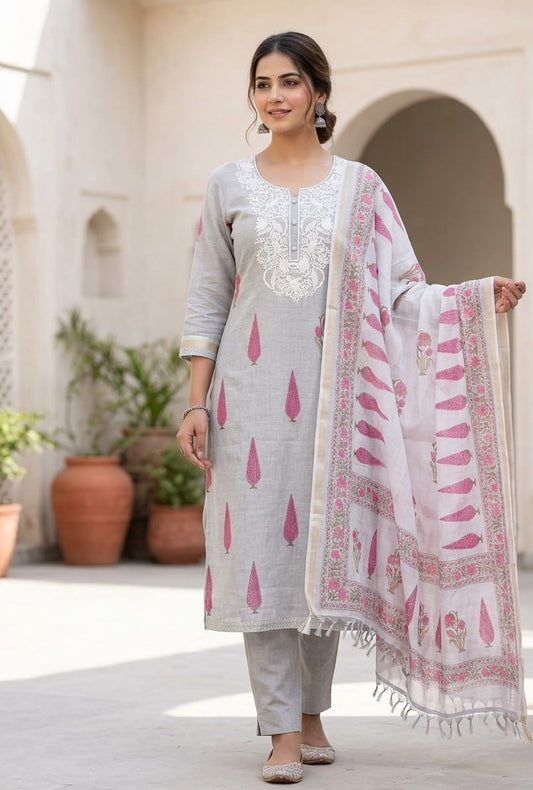Premium Mul Chanderi Designer Unstitched 3Pcs Suit Set
