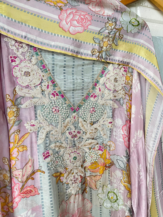 Crepe satin unstitched ladies suit Rc17611