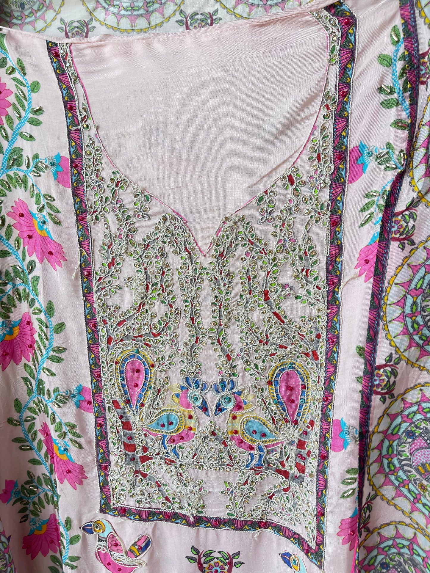 Crape satin unstitched ladies suit Rc17755