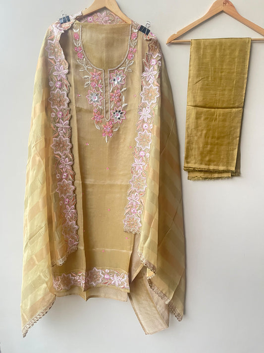 Designer Shimmer Organza Embroidered Unstitched 3pcs Suit Set