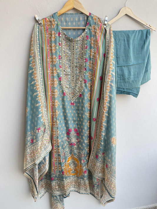 Satin crepe unstitched ladies suit Rc18459