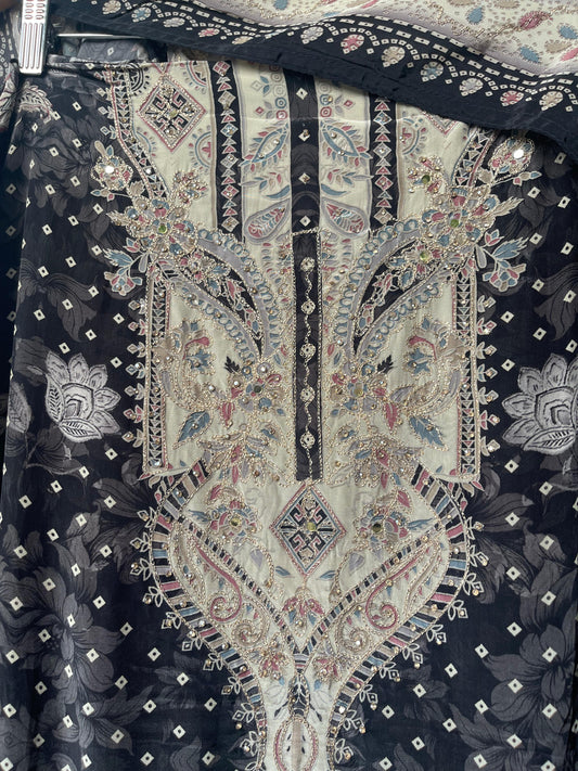 Crape satin unstitched ladies suit Rc17705