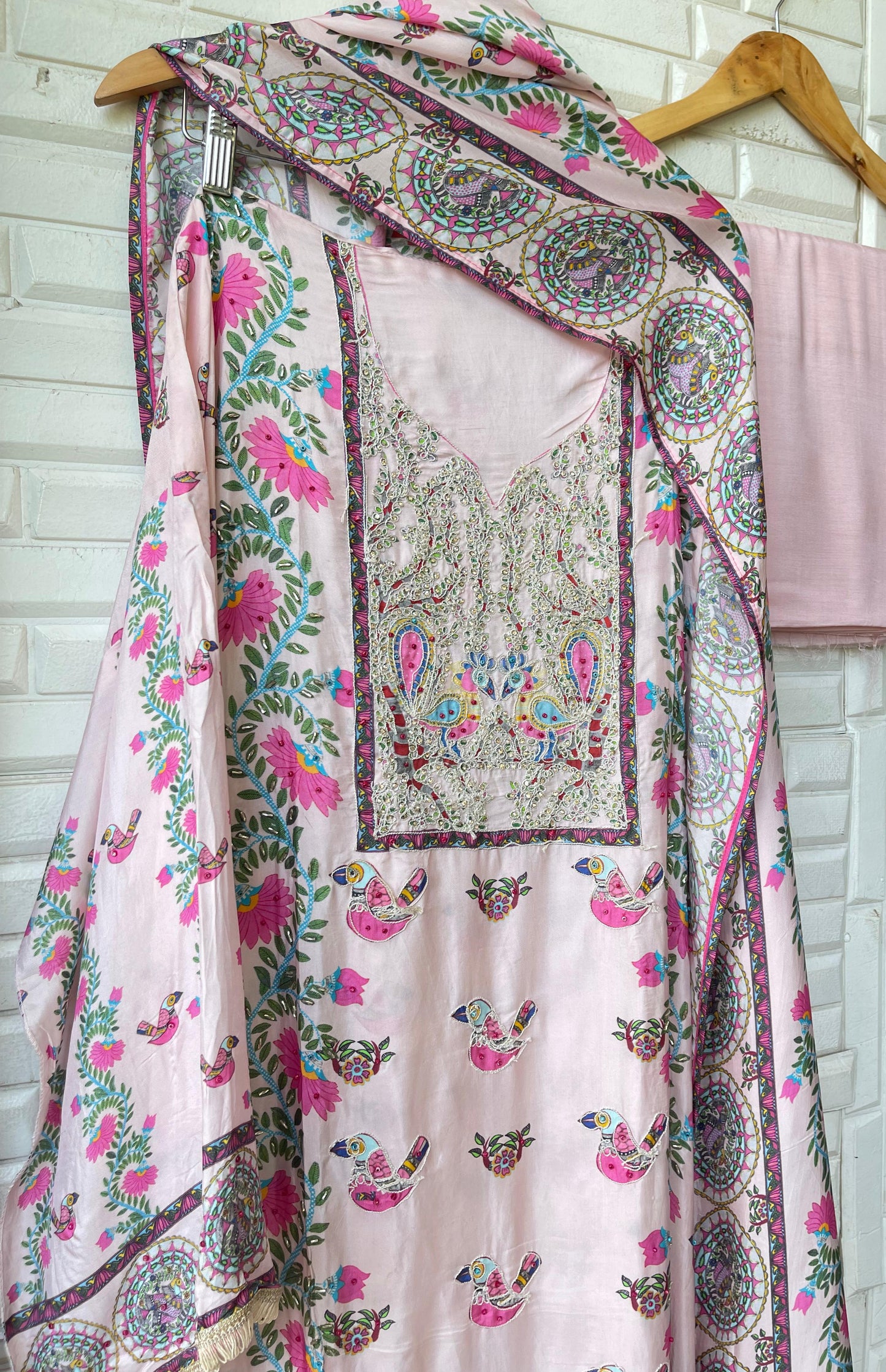 Crape satin unstitched ladies suit Rc17755