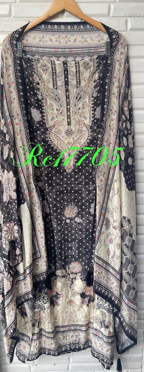 Crape satin unstitched ladies suit Rc17705