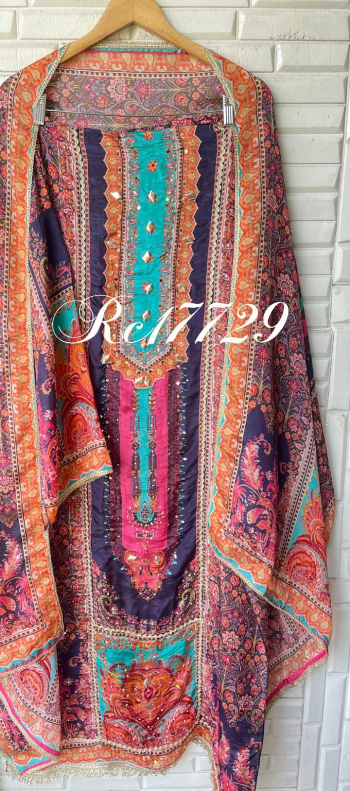 Crape satin unstitched ladies suit Rc17729