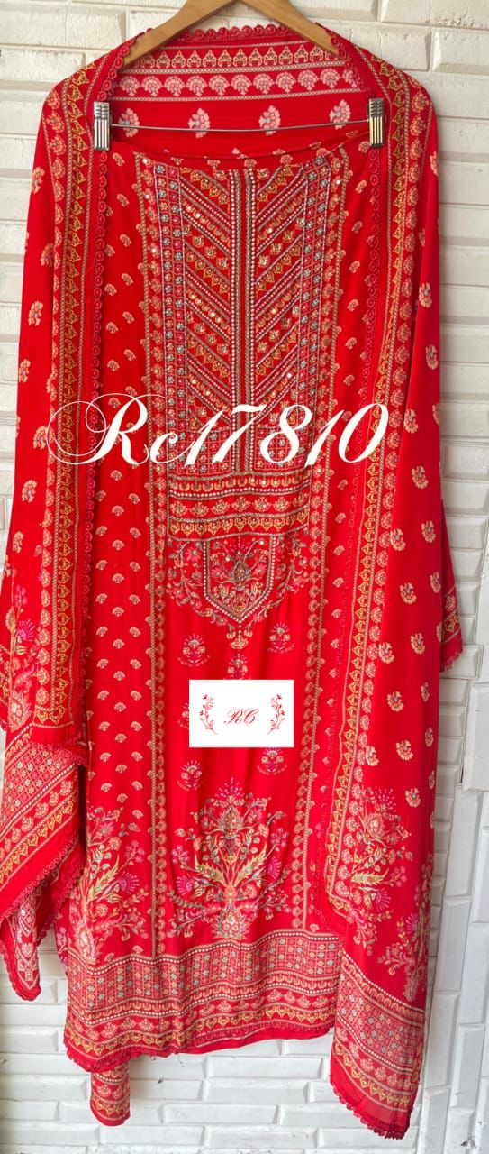 Crape satin unstitched ladies suit Rc17810