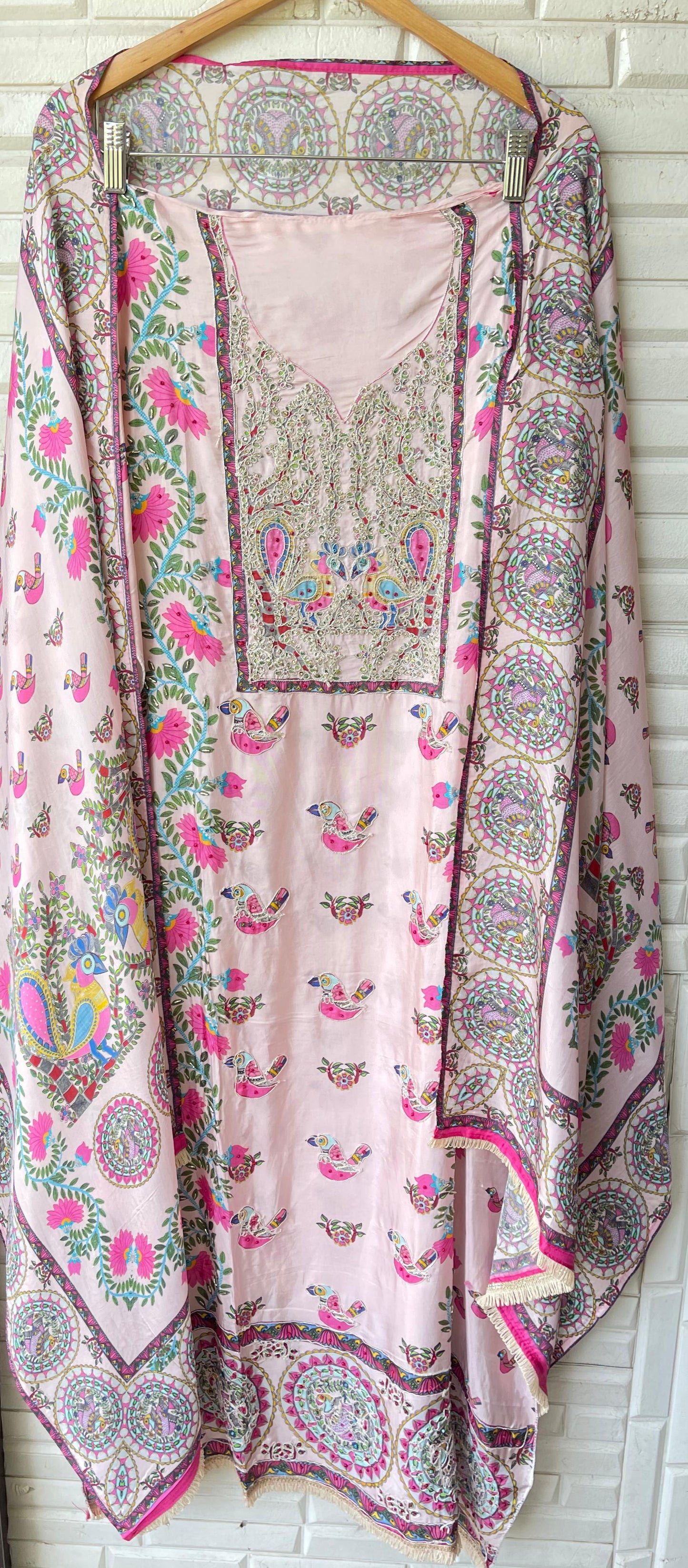 Crape satin unstitched ladies suit Rc17755