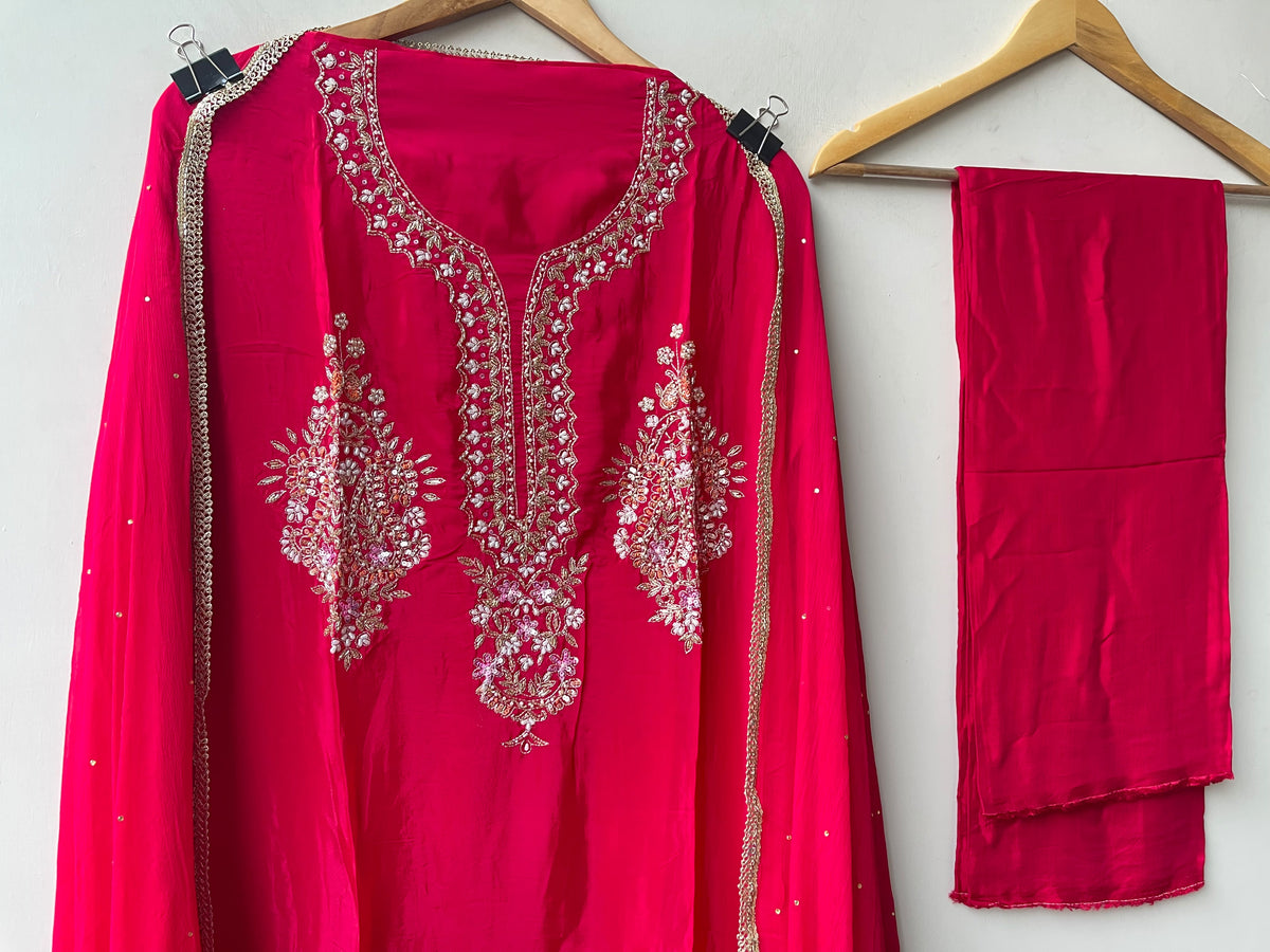 Exquisite Satin Crepe Designer Unstitched 3 Pcs Suit Set