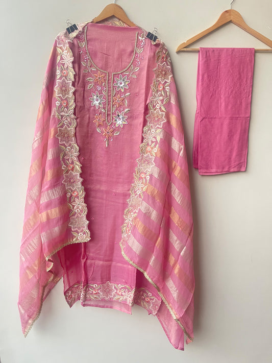 Designer Shimmer Organza Embroidered Unstitched 3pcs Suit Set