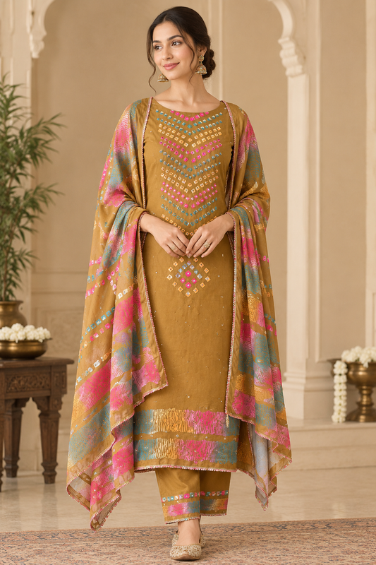 Premium Cotton Satin Hand Embroidered Unstitched Suit Set