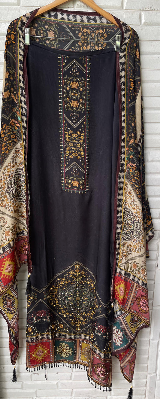 Crape satin unstitched ladies suit Rc17652