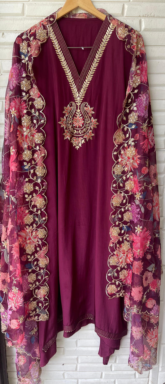 Crepe satin unstitched ladies suit Rc17681