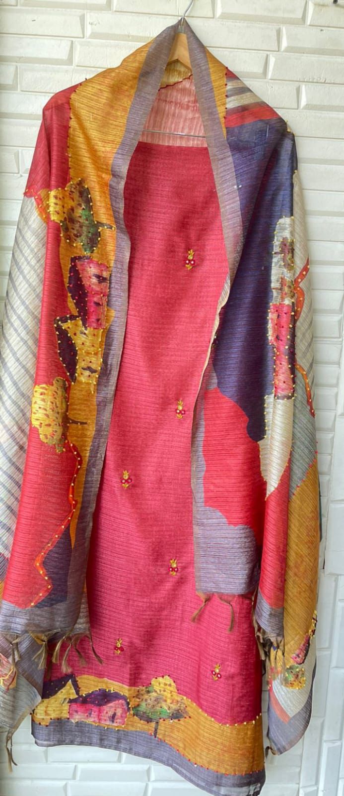 Pure Tassar Silk Unstitched Ladies suit Rc 15468